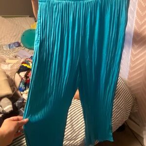 Blue Pleated Trousers with Elastic Waistband